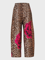 Modern barrel-leg trousers in leopard floral print, made from textured jacquard with an elasticated back for ease of wear.