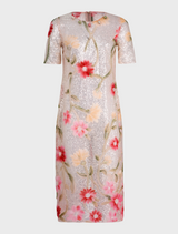 Sequin dress featuring a floral print in silver and pink, named Champagne and Star Dress.
