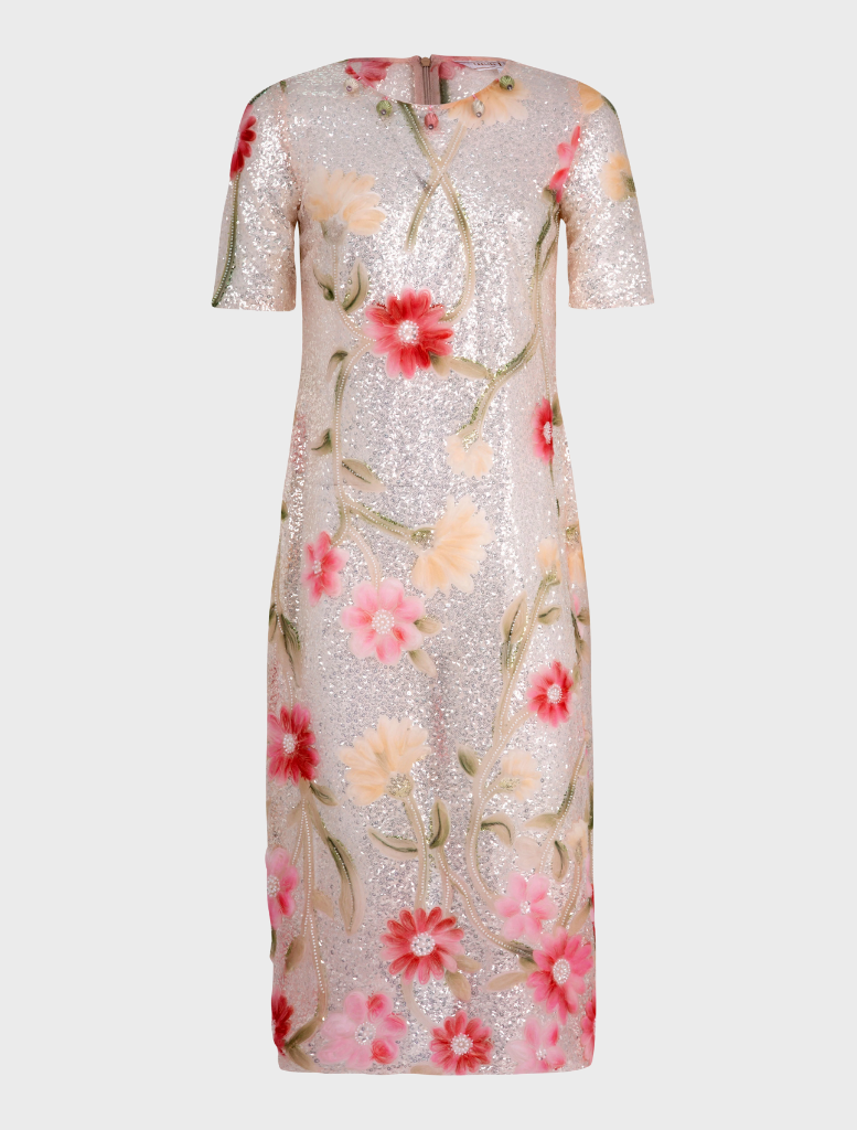 Sequin dress featuring a floral print in silver and pink, named Champagne and Star Dress.
