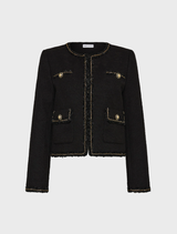 Black Stargazing Jacket shown on a hanger, focusing on its elegant design and texture.