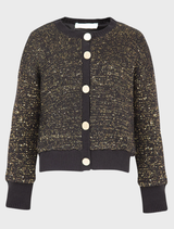 Black and gold cardigan named Shine Of The Times, featuring a fashionable design with a touch of sparkle.