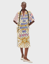 The Stephanie dress showcases bold lettering and a golden sunburst design, emphasizing joy and empowerment.
