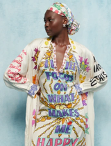 Stephanie Placked Maxi Dress from Markers collection, featuring "I'LL FOCUS ON WHAT MAKES ME HAPPY" in vibrant colors.