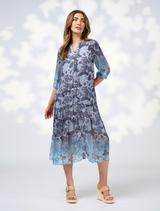 Blue and grey floral Stevie Midi Dress in lightweight fabric, featuring an indigo multi pattern.