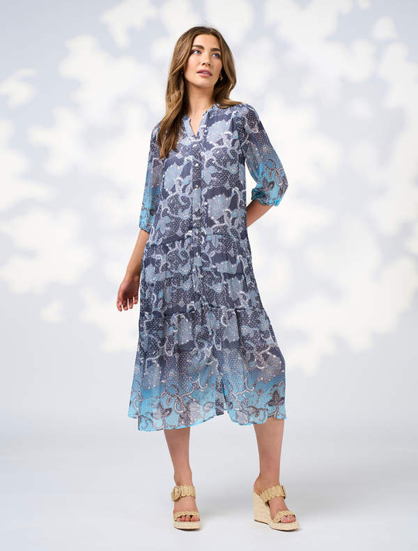 Blue and grey floral Stevie Midi Dress in lightweight fabric, featuring an indigo multi pattern.