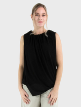 Black Stine top displayed on a hanger, showcasing its sleek design and fabric texture.