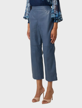 Cropped straight leg leather pants in stonewashed blue, offering a fashionable and comfortable fit for everyday wear.