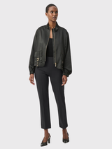 Charcoal grey straight pull-on pants with a hidden elastic waistband, front ornament, and patch pockets for comfort and style.