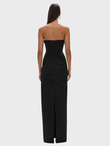 Chic strapless black gown showcasing a tailored fit and graceful draping, ideal for special occasions.