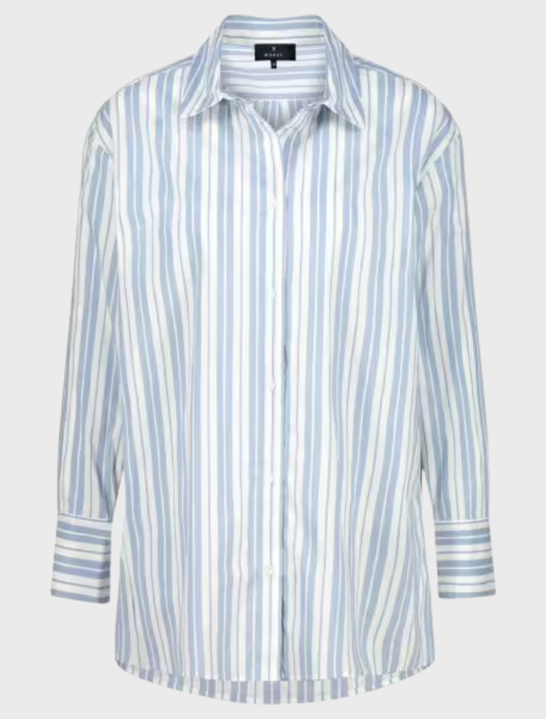 Blue and white striped blouse for women, designed with a collar, perfect for both casual and formal occasions.