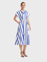 Navy striped midi dress with a shirt silhouette, ideal for both casual outings and more formal gatherings.