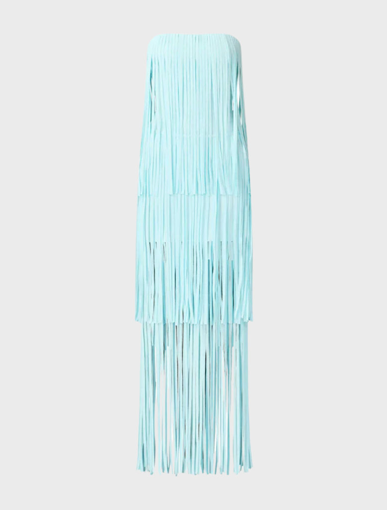 Light blue strapless dress with fringes, combining a soft fabric with a trendy, eye-catching style.