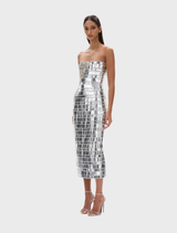 Elegant silver Ariel dress showcasing a graceful design, ideal for special events with its shimmering fabric and refined style.
