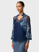 Viscose chiffon blouse by Colette, adorned with a shirred collar and a beautiful Moonlit Batik pattern.