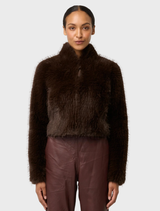 Cropped walnut faux fur jacket with a soft texture, perfect for stylish layering in cooler weather.