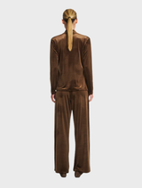 Stylish nutmeg drape top with a soft texture and elegant flow, ideal for layering or standalone wear.