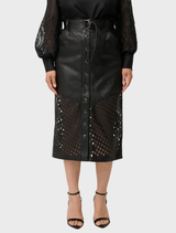 Black leather midi skirt featuring a custom laser-cut lattice pattern, combining elegance and modern style in one piece.