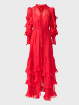A long, ruffled-sleeve red dress, exuding elegance and flair with its bold color and graceful design.