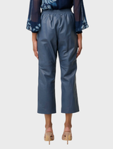 Montoya stonewashed blue leather pants with a cropped straight leg design, ideal for a stylish and modern wardrobe.