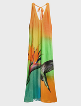 Multi-colored maxi dress featuring a bird of paradise print and halter neckline, ideal for casual or formal summer events.