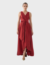 Exquisite ruby dress with a flattering shape and elegant draping, suitable for upscale events and celebrations.