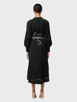 Black Rhea Embroidered Tencel Maxi Dress featuring intricate embroidery and a flowing silhouette.