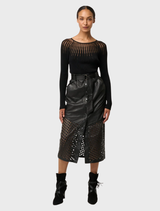 Stylish black sheer knit top made from viscose and nylon, featuring a delicate design that enhances any outfit effortlessly.