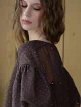Chic sheer blouse in rich chocolate hue, designed for versatility in both casual and dressy settings.