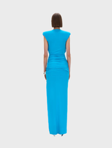 Elegant aquamarine Solstice Gown with a graceful silhouette, ideal for special events and formal gatherings.