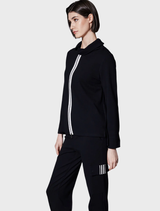 Black cowl neck top with a zip closure at the front, offering a sleek and fashionable appearance.