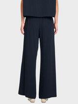 Elegant navy and chalk striped suit pants with a minimalist design, elasticated back waist, and practical front pockets.