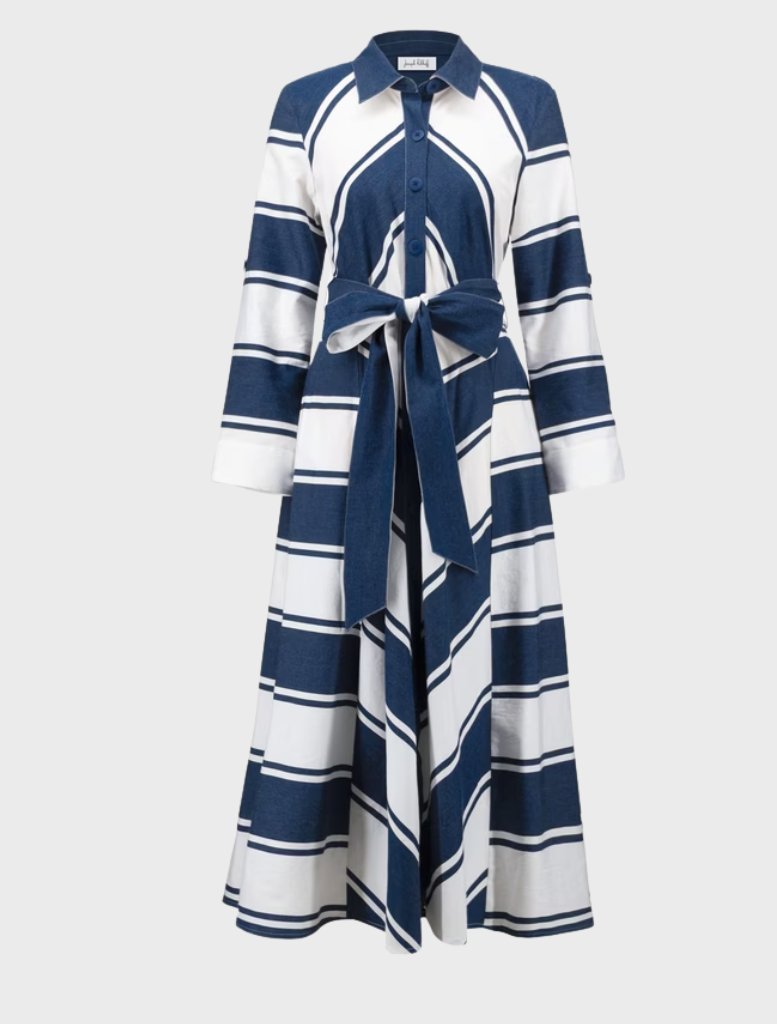 Woman seen from behind in a navy and white striped maxi dress, representing a chic and comfortable casual attire.