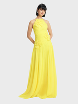 Premium Sunshine gown with ruched bodice, square neckline, 3D floral appliques, and adjustable criss-cross back straps.