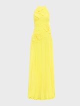 Sunshine gown with ruched bodice, square neckline, 3D petal details, criss-cross back, and full lining for comfort.