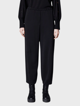 Supersoft black trousers with a barrel cut, ideal for casual outfits and providing a comfortable fit.