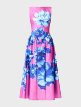 Elegant Sybella A-Line Midi Dress featuring a pink base with blue florals, cap sleeves, and a flattering fit-and-flare silhouette.
