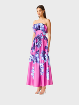 Blue and pink floral maxi dress with structured ruffles, designed for formal events, featuring a fitted bodice and flowing skirt.