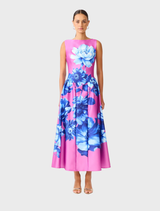  A blue and pink floral midi dress with a boat neckline, cap sleeves, and a fit-and-flare skirt, ideal for spring events.
