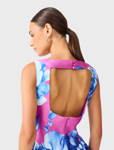 Stylish Sybella Midi Dress in pink and blue florals, featuring a fitted bodice, flared skirt, and elegant boat neckline for spring wear.