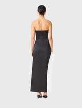 Sophisticated black-and-white asymmetrical gown by Elliatt, designed for impactful evening wear with a focus on silhouette.