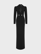  Elegant black Symphony gown featuring a fitted bodice and flowing skirt, perfect for formal occasions.