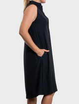 Chic navy Tab Slide Dress designed for versatility, offering a sophisticated look for any occasion.