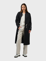 Sleek black tactical coat designed for functionality with pockets and a rugged exterior suitable for various activities.
