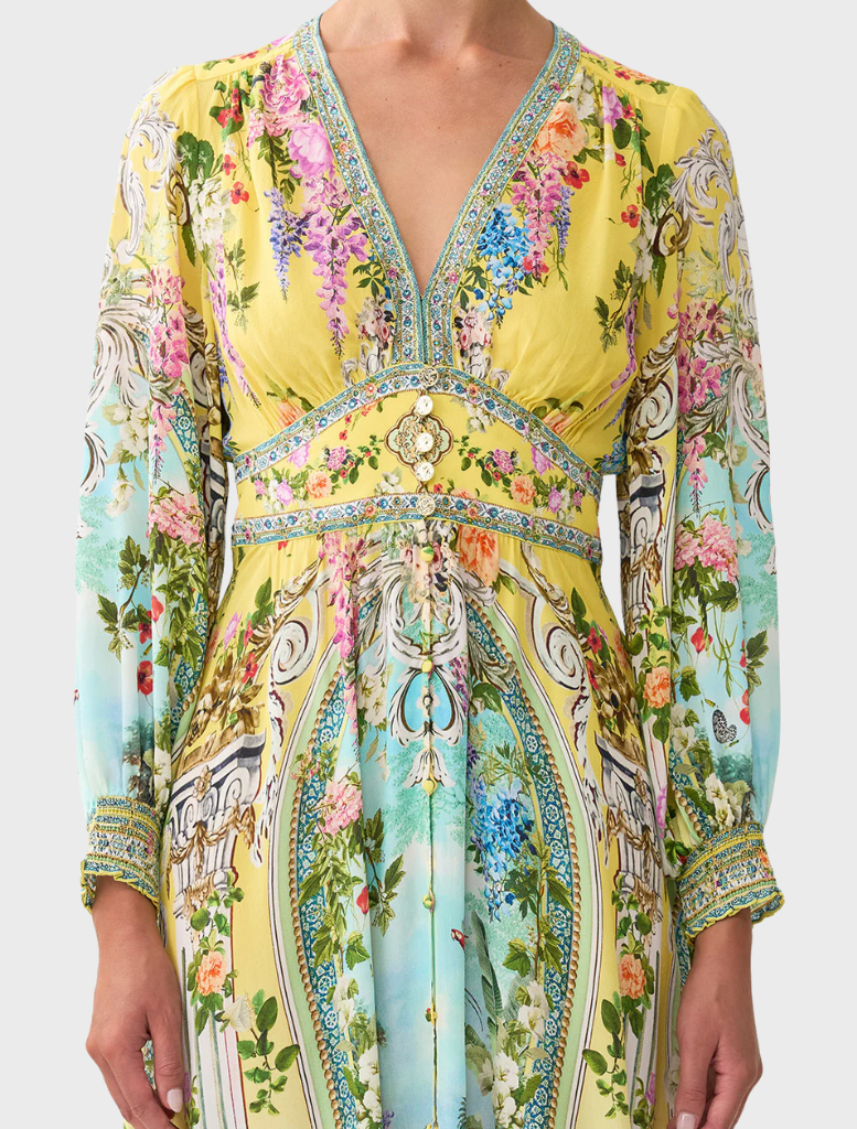 Elegant button dress with a shaped waistband, reflecting the rich history of the Tales of Topkapi Palace.