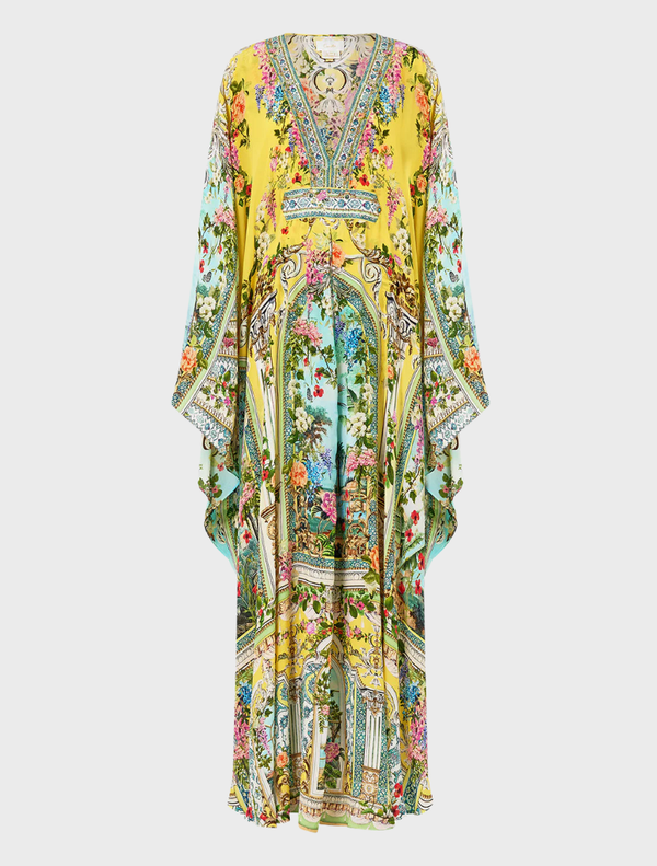 Elegant long kaftan with a defined waist detail, reflecting the luxurious style of the Tales of Topkapi Palace.