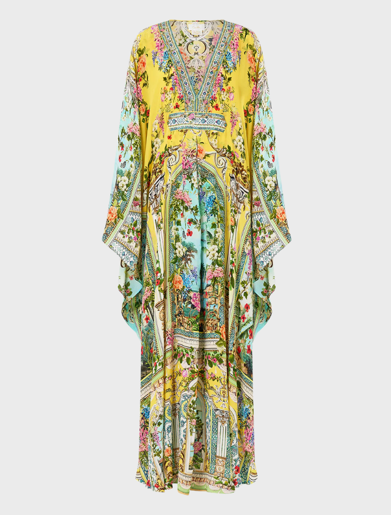  Elegant long kaftan with a defined waist detail, reflecting the luxurious style of the Tales of Topkapi Palace.