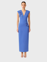 Cornflower blue Talitha plunging neck column dress displayed on a mannequin, showcasing its elegant design and silhouette.