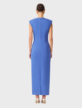 Talitha plunging neck column dress in cornflower blue, elegantly presented on a mannequin, illustrating its sophisticated look.