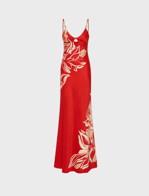 A vibrant red dress adorned with intricate gold and red floral patterns.