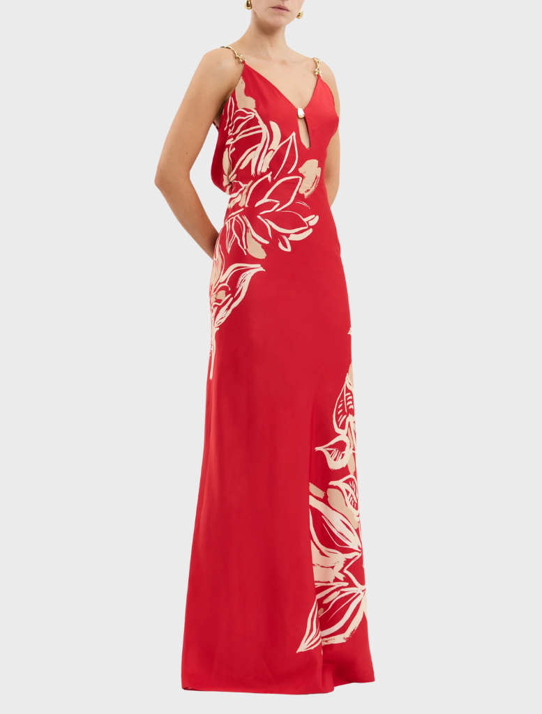 A red dress embellished with beautiful gold and red flowers throughout.